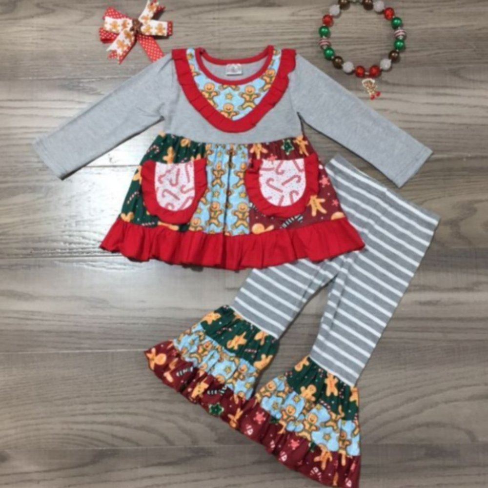 Boutique Gingerbread Ruffle Tunic Dress & Leggings Girls Christmas Outfit